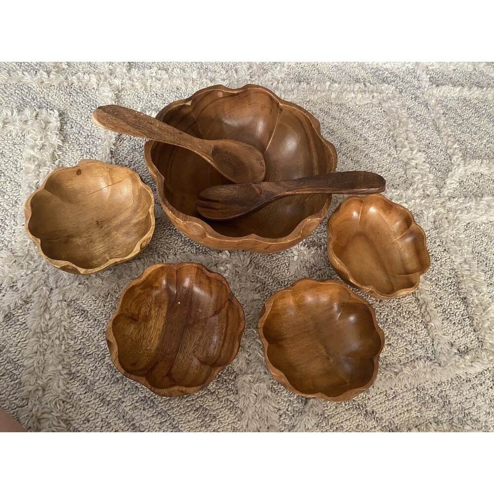 7pcs VTG 60s MCM Tiki Hawaiian Serving Bowl Set TEAK Wood Flower Shape Utensils